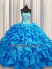 Elegant Visible Boning Baby Blue Sleeveless Beading and Ruffles Lace Up Quinceanera Gowns