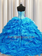 Elegant Visible Boning Baby Blue Sleeveless Beading and Ruffles Lace Up Quinceanera Gowns