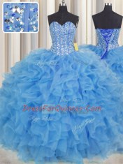 Stunning Visible Boning Baby Blue Sleeveless Floor Length Beading and Ruffles and Sashes ribbons Lace Up Ball Gown Prom Dress