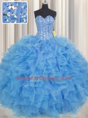 Stunning Visible Boning Baby Blue Sleeveless Floor Length Beading and Ruffles and Sashes ribbons Lace Up Ball Gown Prom Dress