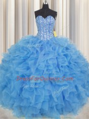 Stunning Visible Boning Baby Blue Sleeveless Floor Length Beading and Ruffles and Sashes ribbons Lace Up Ball Gown Prom Dress