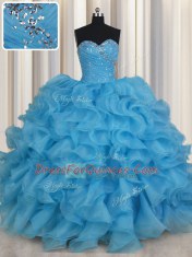 Baby Blue Lace Up Ball Gown Prom Dress Beading and Ruffles Sleeveless Floor Length
