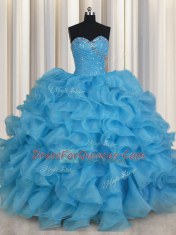 Baby Blue Lace Up Ball Gown Prom Dress Beading and Ruffles Sleeveless Floor Length