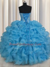 Baby Blue Lace Up Ball Gown Prom Dress Beading and Ruffles Sleeveless Floor Length