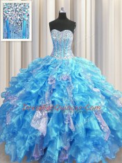 Cheap Visible Boning Baby Blue Ball Gowns Sweetheart Sleeveless Organza and Sequined Floor Length Lace Up Beading and Ruffles and Sequins Sweet 16 Dresses