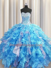 Cheap Visible Boning Baby Blue Ball Gowns Sweetheart Sleeveless Organza and Sequined Floor Length Lace Up Beading and Ruffles and Sequins Sweet 16 Dresses