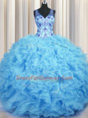 Artistic V Neck Baby Blue Zipper Quinceanera Dress Beading and Appliques and Ruffles Sleeveless Floor Length