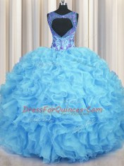 Artistic V Neck Baby Blue Zipper Quinceanera Dress Beading and Appliques and Ruffles Sleeveless Floor Length