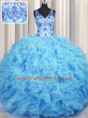 Artistic V Neck Baby Blue Zipper Quinceanera Dress Beading and Appliques and Ruffles Sleeveless Floor Length