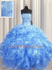 Visible Boning Baby Blue Sleeveless Beading and Ruffles Floor Length Sweet 16 Dresses