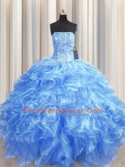 Visible Boning Baby Blue Sleeveless Beading and Ruffles Floor Length Sweet 16 Dresses