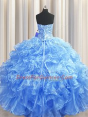 Visible Boning Baby Blue Sleeveless Beading and Ruffles Floor Length Sweet 16 Dresses