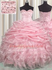 Admirable Baby Pink Organza Lace Up Sweetheart Sleeveless With Train Ball Gown Prom Dress Brush Train Beading and Ruffles and Pick Ups