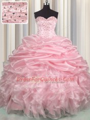 Admirable Baby Pink Organza Lace Up Sweetheart Sleeveless With Train Ball Gown Prom Dress Brush Train Beading and Ruffles and Pick Ups