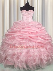 Admirable Baby Pink Organza Lace Up Sweetheart Sleeveless With Train Ball Gown Prom Dress Brush Train Beading and Ruffles and Pick Ups