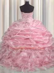 Admirable Baby Pink Organza Lace Up Sweetheart Sleeveless With Train Ball Gown Prom Dress Brush Train Beading and Ruffles and Pick Ups