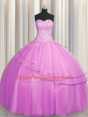 Sophisticated Visible Boning Really Puffy Floor Length Lace Up Vestidos de Quinceanera Lilac for Military Ball and Sweet 16 and Quinceanera with Beading