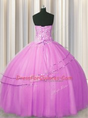 Sophisticated Visible Boning Really Puffy Floor Length Lace Up Vestidos de Quinceanera Lilac for Military Ball and Sweet 16 and Quinceanera with Beading