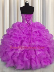 Best Selling Sweetheart Sleeveless Lace Up Sweet 16 Dresses Purple Organza