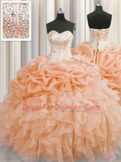 Great Visible Boning Orange Organza Lace Up Sweet 16 Quinceanera Dress Sleeveless Floor Length Beading and Ruffles