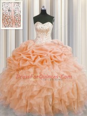 Great Visible Boning Orange Organza Lace Up Sweet 16 Quinceanera Dress Sleeveless Floor Length Beading and Ruffles