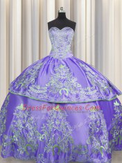 Beautiful Sweetheart Sleeveless Sweet 16 Quinceanera Dress Floor Length Beading and Embroidery Lavender Taffeta