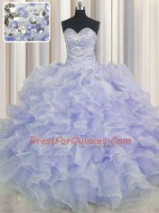 Floor Length Purple 15th Birthday Dress Organza Sleeveless Beading and Ruffles