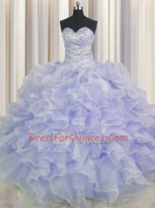 Floor Length Purple 15th Birthday Dress Organza Sleeveless Beading and Ruffles