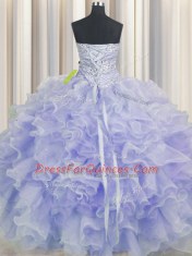 Floor Length Purple 15th Birthday Dress Organza Sleeveless Beading and Ruffles