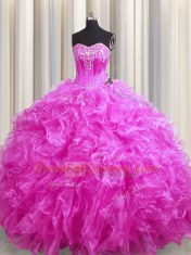 Most Popular Fuchsia Sleeveless Beading and Ruffles Lace Up 15th Birthday Dress