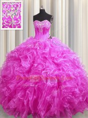 Most Popular Fuchsia Sleeveless Beading and Ruffles Lace Up 15th Birthday Dress