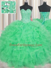 Visible Boning Green Sleeveless Floor Length Beading and Ruffles Lace Up Ball Gown Prom Dress