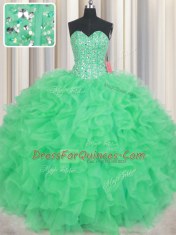 Visible Boning Green Sleeveless Floor Length Beading and Ruffles Lace Up Ball Gown Prom Dress