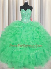 Visible Boning Green Sleeveless Floor Length Beading and Ruffles Lace Up Ball Gown Prom Dress