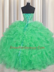 Visible Boning Green Sleeveless Floor Length Beading and Ruffles Lace Up Ball Gown Prom Dress