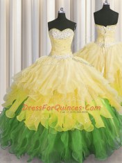 Sleeveless Organza Floor Length Lace Up Sweet 16 Dress in Multi-color with Beading and Ruffles and Ruffled Layers and Sequins