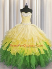 Sleeveless Organza Floor Length Lace Up Sweet 16 Dress in Multi-color with Beading and Ruffles and Ruffled Layers and Sequins