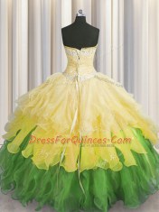 Sleeveless Organza Floor Length Lace Up Sweet 16 Dress in Multi-color with Beading and Ruffles and Ruffled Layers and Sequins