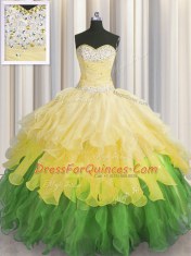 Sleeveless Organza Floor Length Lace Up Sweet 16 Dress in Multi-color with Beading and Ruffles and Ruffled Layers and Sequins