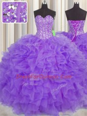 Enchanting Visible Boning Floor Length Purple Quince Ball Gowns Sweetheart Sleeveless Lace Up