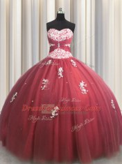 High End Wine Red Sleeveless Tulle Lace Up 15th Birthday Dress for Military Ball and Sweet 16 and Quinceanera