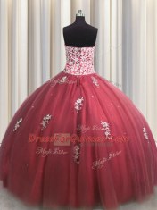 High End Wine Red Sleeveless Tulle Lace Up 15th Birthday Dress for Military Ball and Sweet 16 and Quinceanera