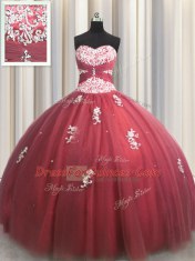 High End Wine Red Sleeveless Tulle Lace Up 15th Birthday Dress for Military Ball and Sweet 16 and Quinceanera