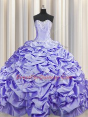 Brush Train Sleeveless Beading and Pick Ups Lace Up 15th Birthday Dress with Lavender Sweep Train