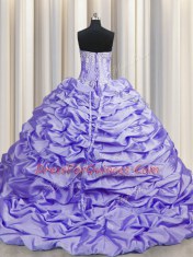 Brush Train Sleeveless Beading and Pick Ups Lace Up 15th Birthday Dress with Lavender Sweep Train
