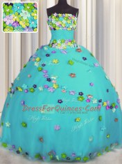 Aqua Blue Sleeveless Tulle Lace Up Ball Gown Prom Dress for Military Ball and Sweet 16 and Quinceanera