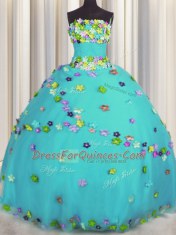 Aqua Blue Sleeveless Tulle Lace Up Ball Gown Prom Dress for Military Ball and Sweet 16 and Quinceanera