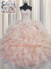 Top Selling Sleeveless Organza Floor Length Lace Up Quinceanera Gown in Champagne with Beading and Ruffles