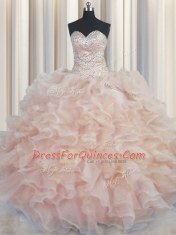 Top Selling Sleeveless Organza Floor Length Lace Up Quinceanera Gown in Champagne with Beading and Ruffles