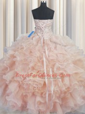 Top Selling Sleeveless Organza Floor Length Lace Up Quinceanera Gown in Champagne with Beading and Ruffles